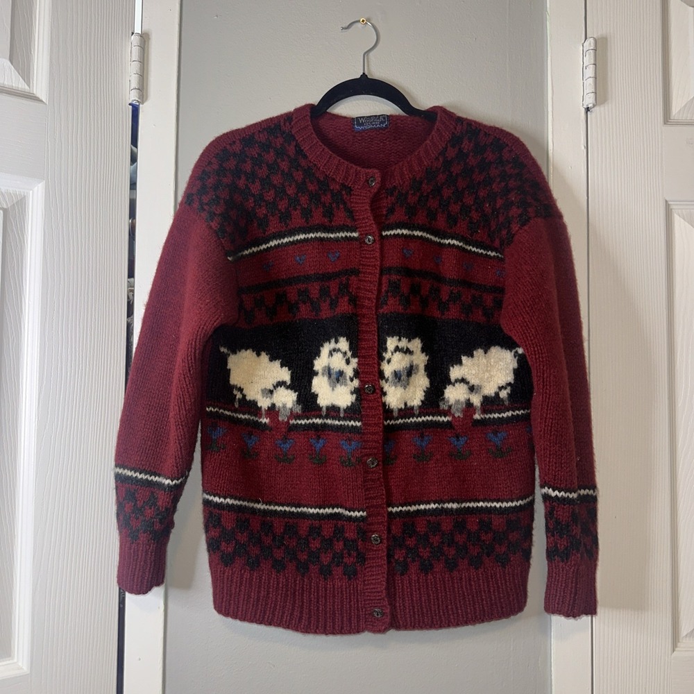 Woolrich Women's Sweater Sheep 9729 Wool Red Black White Button Front Cardigan S